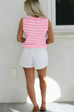 Outlet Dear-Lover V Neck Gold Buttons Elegant Sweater Vest Pink Stripe