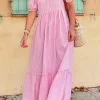 Online Dear-Lover V Neck Puff Short Sleeve Maxi Dress Pink Stripe