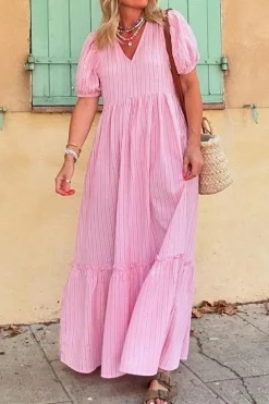 Online Dear-Lover V Neck Puff Short Sleeve Maxi Dress Pink Stripe