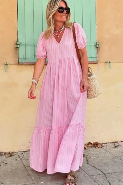Online Dear-Lover V Neck Puff Short Sleeve Maxi Dress Pink Stripe
