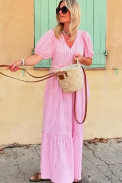 Online Dear-Lover V Neck Puff Short Sleeve Maxi Dress Pink Stripe