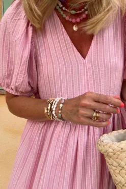 Online Dear-Lover V Neck Puff Short Sleeve Maxi Dress Pink Stripe
