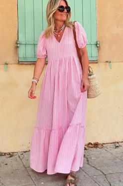 Online Dear-Lover V Neck Puff Short Sleeve Maxi Dress Pink Stripe