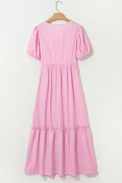 Online Dear-Lover V Neck Puff Short Sleeve Maxi Dress Pink Stripe