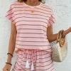 Online Dear-Lover Wide Short Sleeve Tee and Short Set Pink Stripe