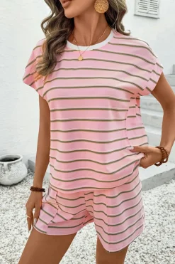 Online Dear-Lover Wide Short Sleeve Tee and Short Set Pink Stripe