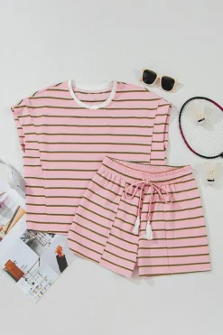 Online Dear-Lover Wide Short Sleeve Tee and Short Set Pink Stripe