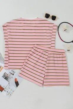 Online Dear-Lover Wide Short Sleeve Tee and Short Set Pink Stripe