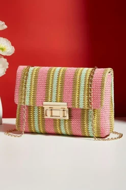 Fashion Dear-Lover Stripe Woven Flap Chain Strap Shoulder Bag Pink