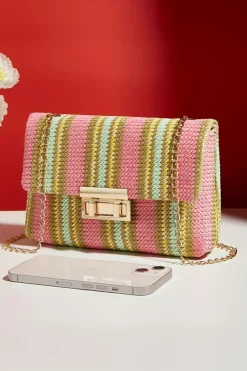 Fashion Dear-Lover Stripe Woven Flap Chain Strap Shoulder Bag Pink