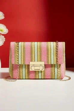 Fashion Dear-Lover Stripe Woven Flap Chain Strap Shoulder Bag Pink