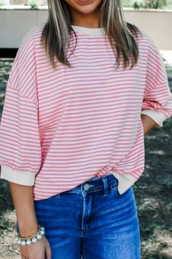 Fashion Dear-Lover Striped 3/4 Sleeve Drop Shoulder Top Pink