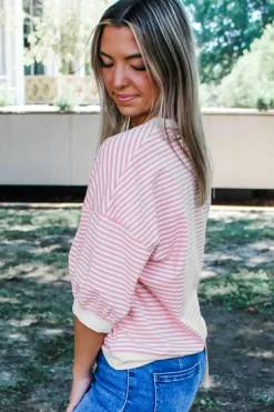 Fashion Dear-Lover Striped 3/4 Sleeve Drop Shoulder Top Pink
