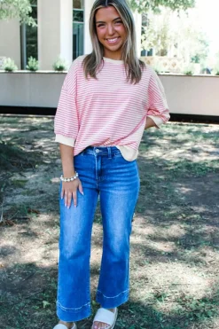 Fashion Dear-Lover Striped 3/4 Sleeve Drop Shoulder Top Pink