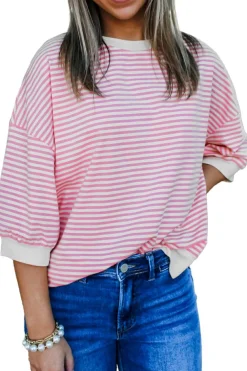 Fashion Dear-Lover Striped 3/4 Sleeve Drop Shoulder Top Pink