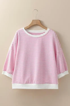 Fashion Dear-Lover Striped 3/4 Sleeve Drop Shoulder Top Pink