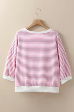 Fashion Dear-Lover Striped 3/4 Sleeve Drop Shoulder Top Pink