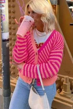 Best Dear-Lover Striped Buttoned V Neck Drop Shoulder Cardigan Pink