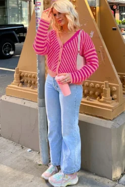 Best Dear-Lover Striped Buttoned V Neck Drop Shoulder Cardigan Pink