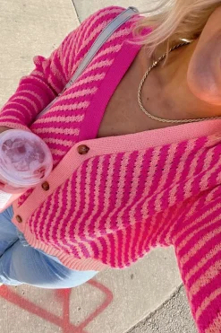 Best Dear-Lover Striped Buttoned V Neck Drop Shoulder Cardigan Pink