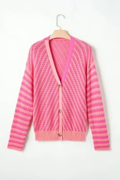 Best Dear-Lover Striped Buttoned V Neck Drop Shoulder Cardigan Pink