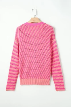 Best Dear-Lover Striped Buttoned V Neck Drop Shoulder Cardigan Pink