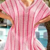 Discount Dear-Lover Striped Crochet Loose Fit V Neck Beach Cover Up Pink