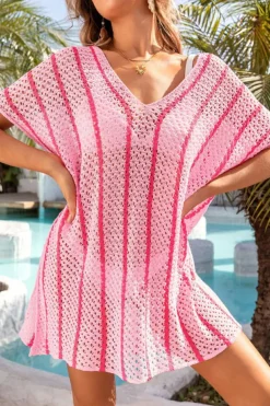 Discount Dear-Lover Striped Crochet Loose Fit V Neck Beach Cover Up Pink