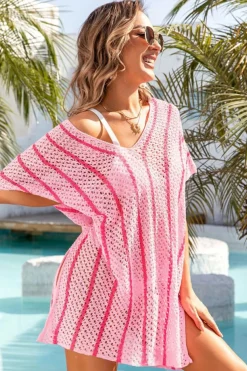Discount Dear-Lover Striped Crochet Loose Fit V Neck Beach Cover Up Pink