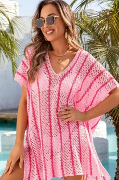 Discount Dear-Lover Striped Crochet Loose Fit V Neck Beach Cover Up Pink