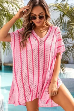 Discount Dear-Lover Striped Crochet Loose Fit V Neck Beach Cover Up Pink
