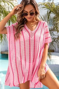 Discount Dear-Lover Striped Crochet Loose Fit V Neck Beach Cover Up Pink