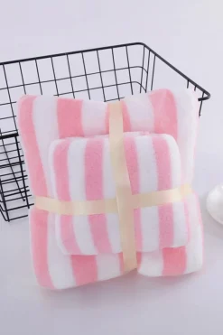 Fashion Dear-Lover Striped Plush Bath Towel Set Pink