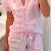 Online Dear-Lover Striped Tiny Hearts Printed Lapel Collar Shirt Style Short 2pcs Pajama Set Pink
