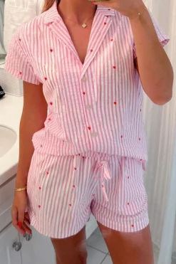 Online Dear-Lover Striped Tiny Hearts Printed Lapel Collar Shirt Style Short 2pcs Pajama Set Pink