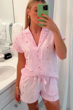Online Dear-Lover Striped Tiny Hearts Printed Lapel Collar Shirt Style Short 2pcs Pajama Set Pink
