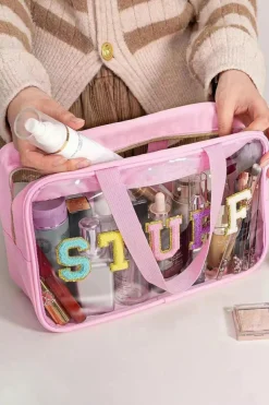 Online Dear-Lover STUFF Glitter Chenille Patched Transparent Makeup Bag Pink