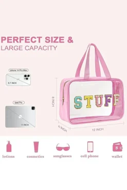 Online Dear-Lover STUFF Glitter Chenille Patched Transparent Makeup Bag Pink