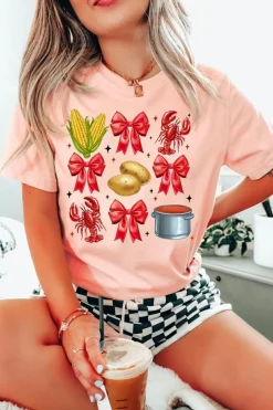 Online Dear-Lover Summer Food Bow Crawfish Printed T Shirt Pink