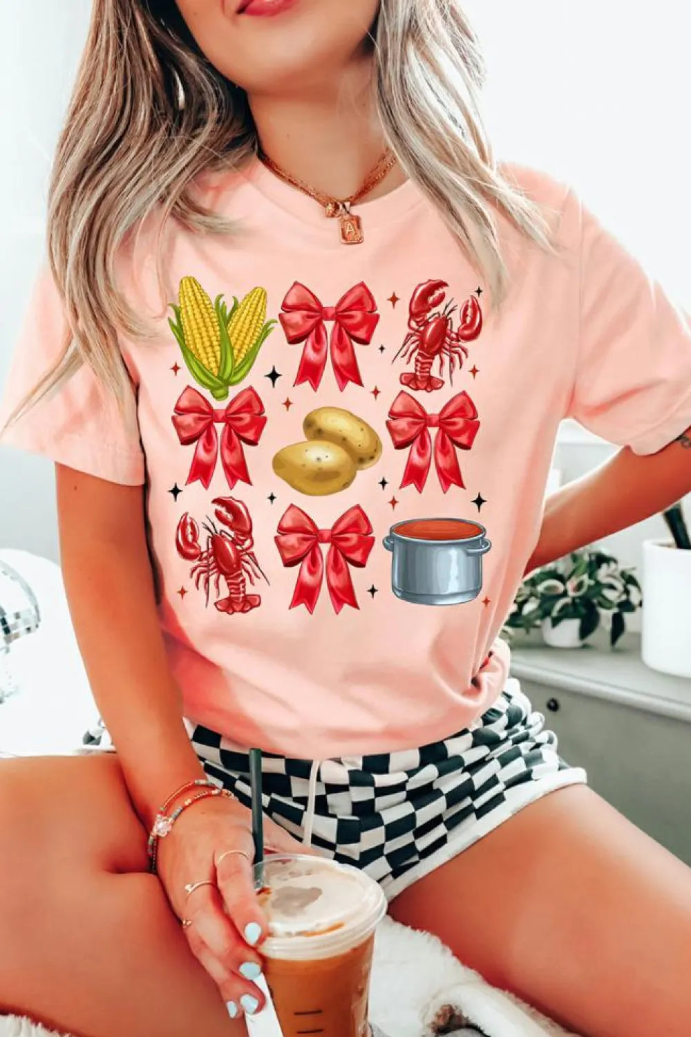 Online Dear-Lover Summer Food Bow Crawfish Printed T Shirt Pink