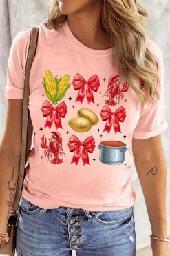 Online Dear-Lover Summer Food Bow Crawfish Printed T Shirt Pink