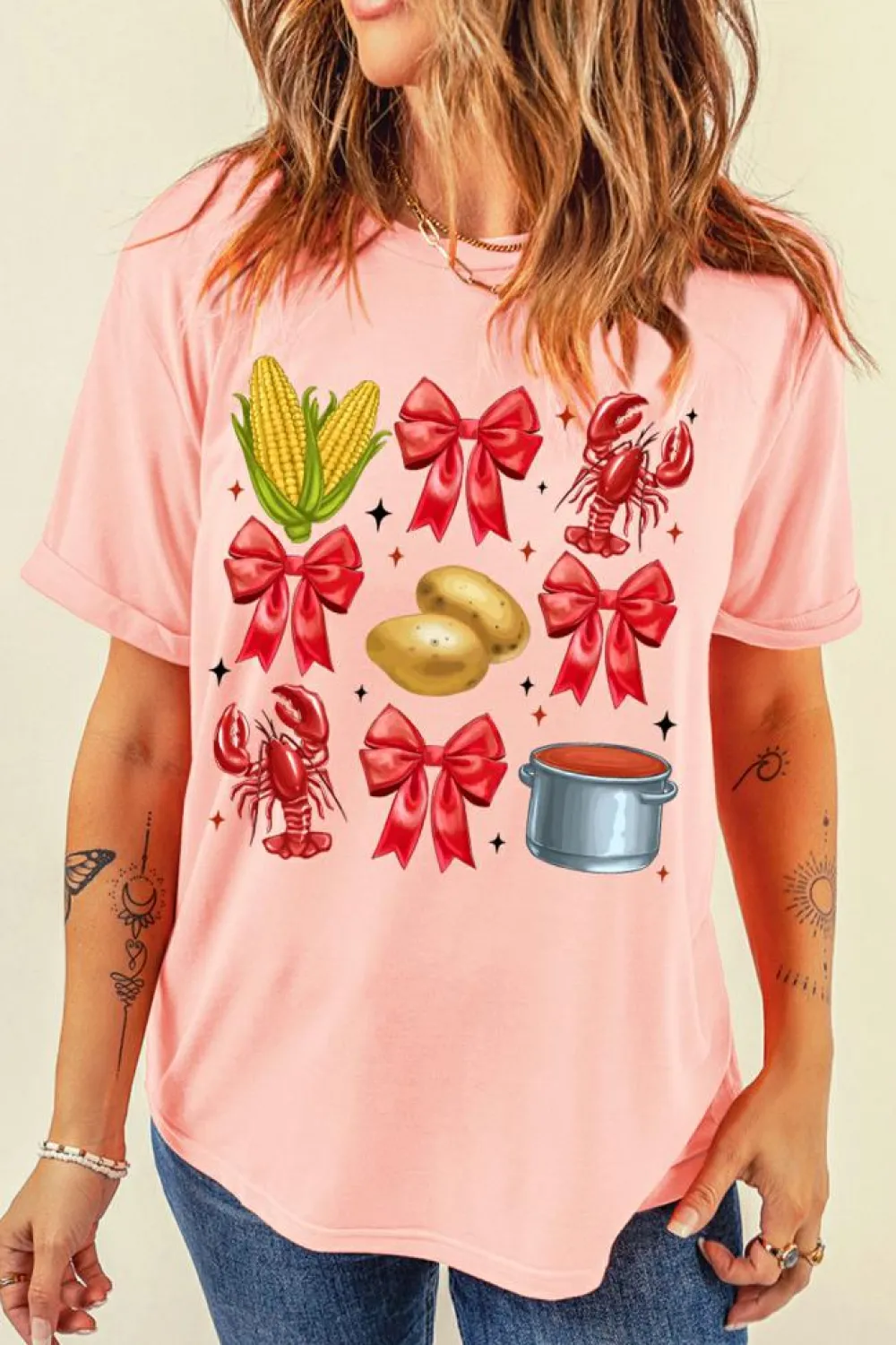 Online Dear-Lover Summer Food Bow Crawfish Printed T Shirt Pink