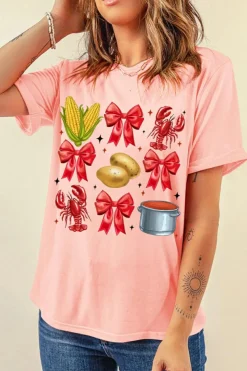 Online Dear-Lover Summer Food Bow Crawfish Printed T Shirt Pink