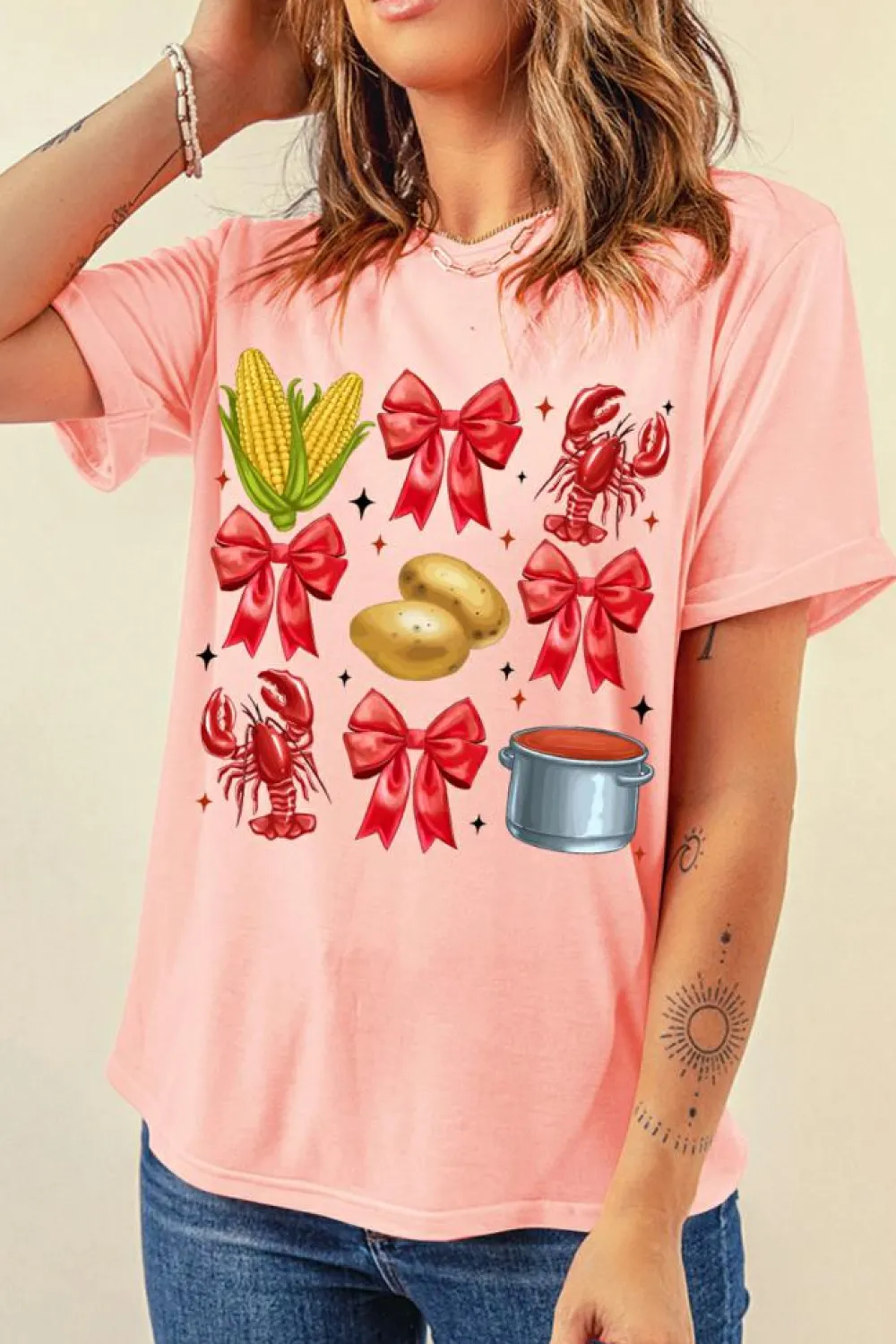 Online Dear-Lover Summer Food Bow Crawfish Printed T Shirt Pink