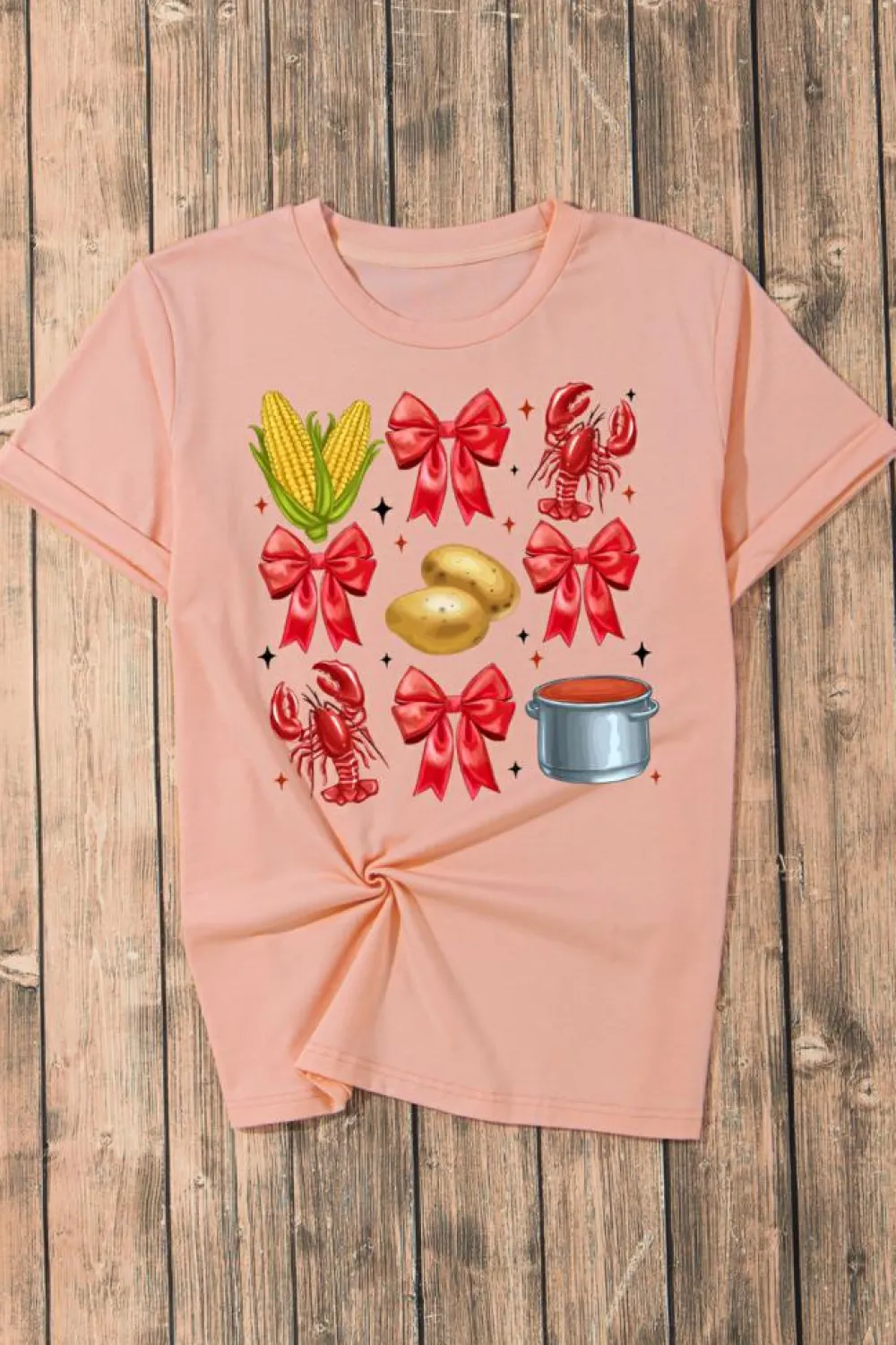 Online Dear-Lover Summer Food Bow Crawfish Printed T Shirt Pink