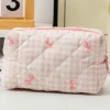 Online Dear-Lover Sweet Bow Knot Print Quilted Zipper Cosmetic Bag Pink