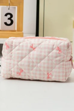 Online Dear-Lover Sweet Bow Knot Print Quilted Zipper Cosmetic Bag Pink