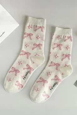 Sale Dear-Lover Sweet Bowknot Print Mid Calf Socks Pink