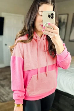Clearance Dear-Lover Textured Color Block Kangaroo Pocket Drop Shoulder Hoodie Pink