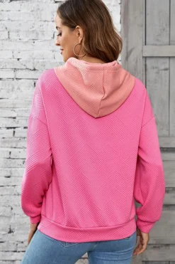 Clearance Dear-Lover Textured Color Block Kangaroo Pocket Drop Shoulder Hoodie Pink